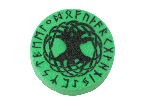 green circular bath bomb with black glitter runic tree of life design painted on top 
