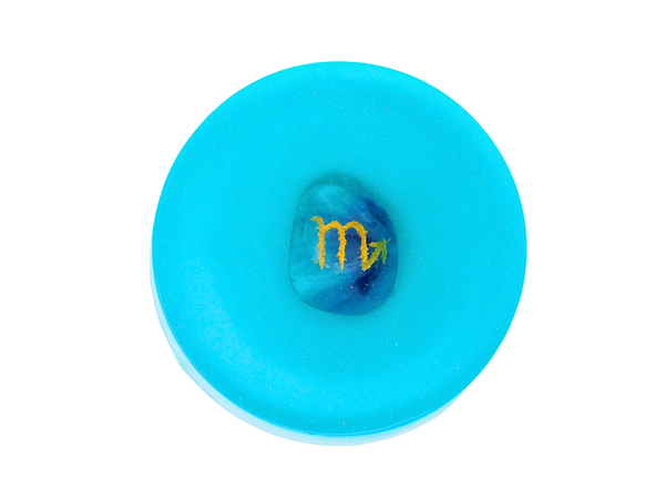 blue astrology soap embedded with an Scorpio amethyst crystal
