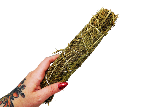 hand holding green sage leaves bundled with white string 