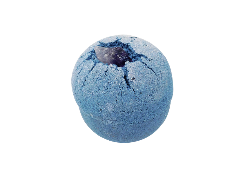 purple sphere bath bomb topped with glitter and amethyst crystal