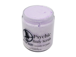 purple glitter scrub in an 8 oz jar. Label says psychic body scrub lavender and amber 