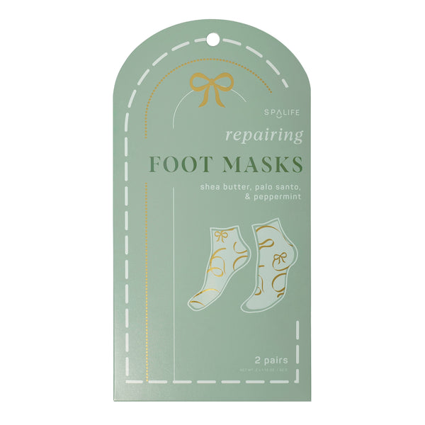 Packaging of repairing foot masks with green background and gold accents.