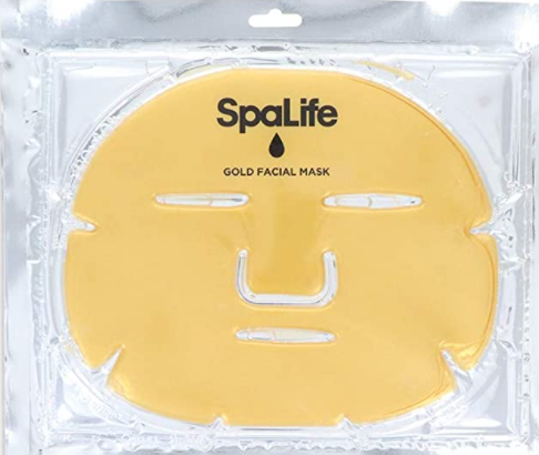 A packaged gold-colored hydrogel facial mask by SpaLife, designed for skin firmness and moisture.