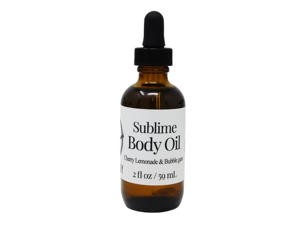 2 oz glass dropper bottle with white label that reads Sublime Body Oil. Cherry lemonade and bubblegum.