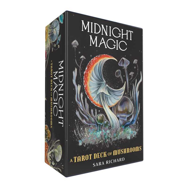 A tarot deck titled 'Midnight Magic' featuring illustrations of mushrooms on the packaging, indicating a connection to the natural world and mysticism.