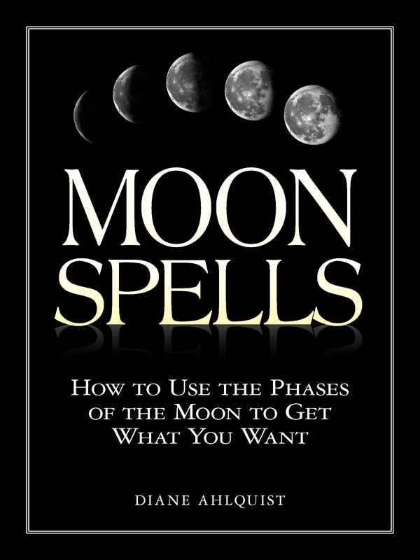 Book cover of 'Moon Spells' with moon phases and author's name on a black background