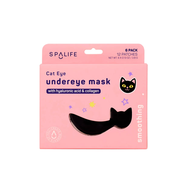 Packaging of SpaLife Cat Eye Smoothing Undereye Masks with hydrolyic acid, ceramides, and collagen for under eye area. The package contains 6 pairs of masks and features a cat design.