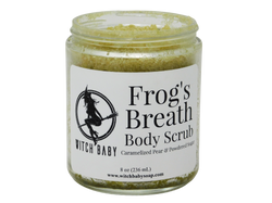 Frog green body scrub pictured in a glass 8 oz (236 mL) jar.  White label reads: Frog's Breath Body Scrub. Caramelized Pear & Powdered Sugar. 