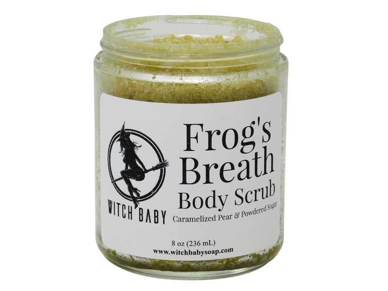 Frog green body scrub pictured in a glass 8 oz (236 mL) jar.  White label reads: Frog's Breath Body Scrub. Caramelized Pear & Powdered Sugar. 