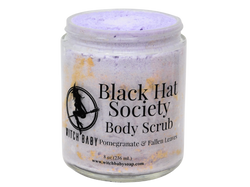 8 oz glass jar filled with thick purple body scrub and autumn leaf colored glittered. clear label reads: Black Hat Society Body Scrub. Pomegranate & Fallen Leaves. 