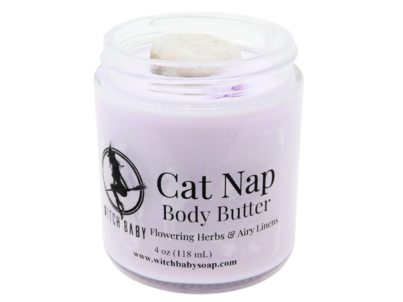 lavender colored body butter topped with moonstone in 4 oz glass jar with label that reads: Cat Nap Body Butter/ Flowering Herbs & Airy Linens, 