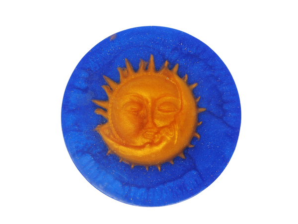 navy soap with gold sparkles and gold sun and moon on top