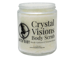 thick white body scrub in a glass jar with a label that reads Crystal Visions Body Scrub. Weedy Gardens & Victorian Porches.