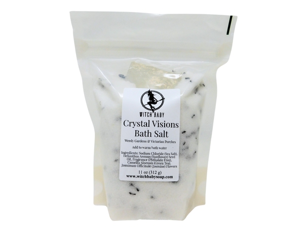 Crystal Visions bath salt in a stand up clear biodegradable pouch with label that says Crystal Visions Bath Salt, Weedy Gardens & Victorian Porches, directions for use and ingredients