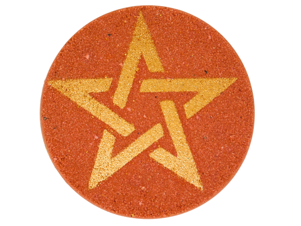 red circle bath bomb with gold star on  fropnt