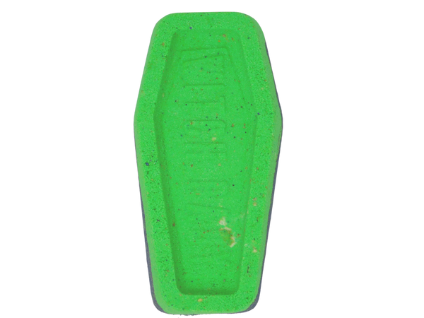 green coffin bath bomb with purple bottom