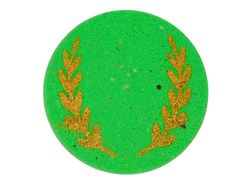 cicrular green bath bomb with grains of golden wheat airbushed on it