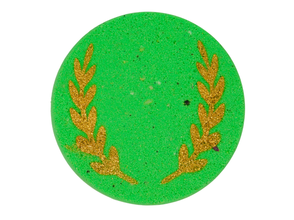 cicrular green bath bomb with grains of golden wheat airbushed on it