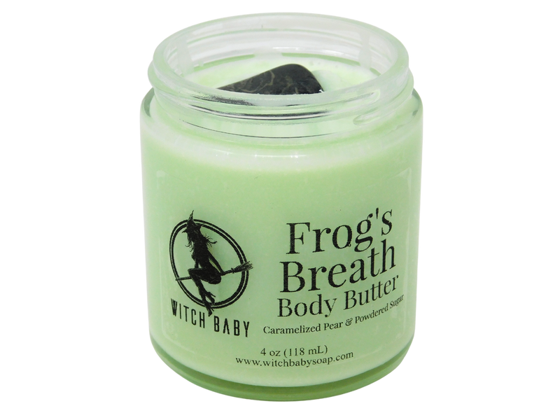 green body butter topped with kambaba crocodile jasper in 4 oz glass jar with clear label that reads: Frog's Breath. Caramelized Pear & Powdered Sugar. 