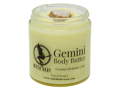 yellow body butter topped with botswana agate packaged in 4 oz glass jar with label that reads: Gemini Body Butter. Gemini Birthday Cake. 