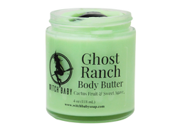 ghostly green body butter in glass jar that reads: Ghost Ranch Body Butter Cactus Fruit & Sweet Agave