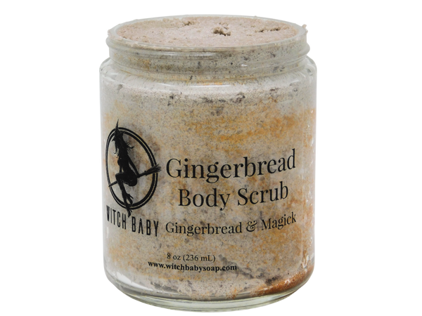 cookie brown scrub with gingerbread colored glitter inside an 8 oz glass jar with a clear label that reads Gingerbread Body Scrub. Gingerbread & Magick. 