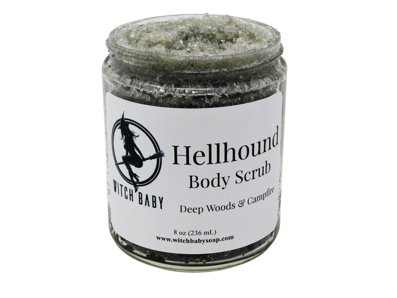 charcoal gray sugar scrub in 8 oz glass jar with white label that reads: Hellhound Body Scrub. Deep Woods & Campfire.