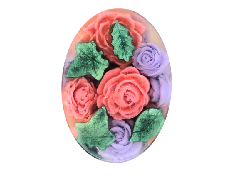 oval bar filled with roses and green leaves