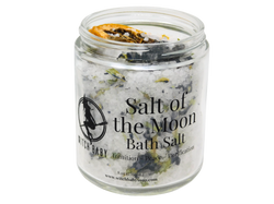 bath salt blended with butterfly pea flowers and topped with lemon and moonstone packaged in 8 oz glass jar with clear label that reads Salt of the Moon Bath Salt. Intuition - Peace - Purification.