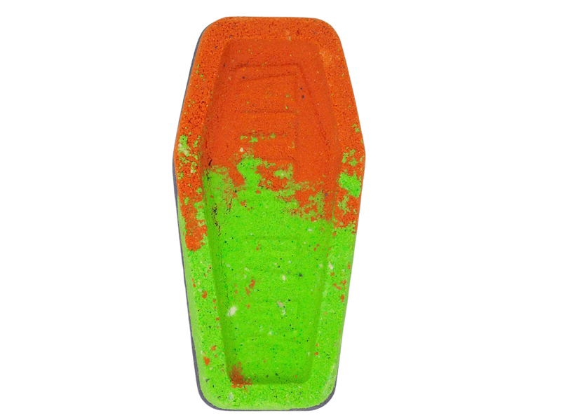 orange and green coffin shaped Samhain bath bomb