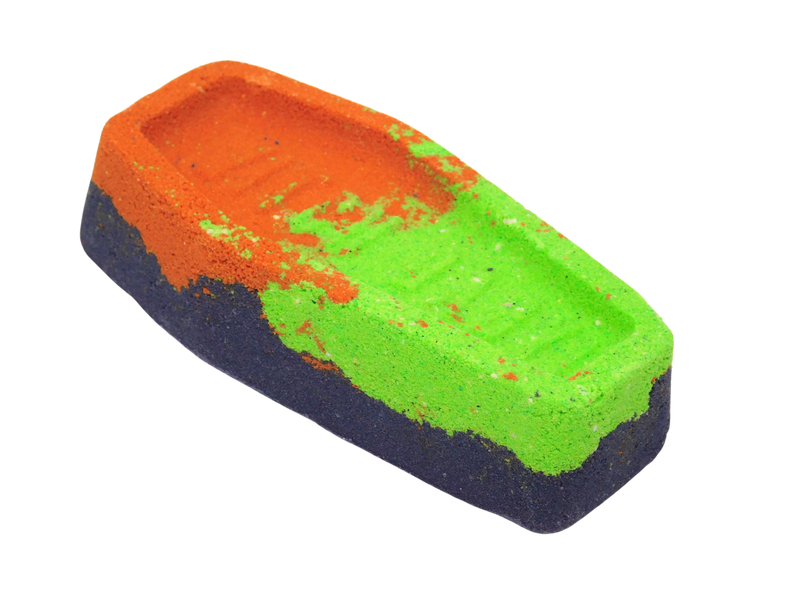side view of samhain bath bomb to show all there colors - purple, green, and orange