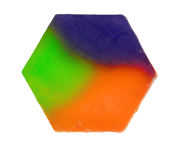 ornage, green, and purple clear hexagon shaped soap