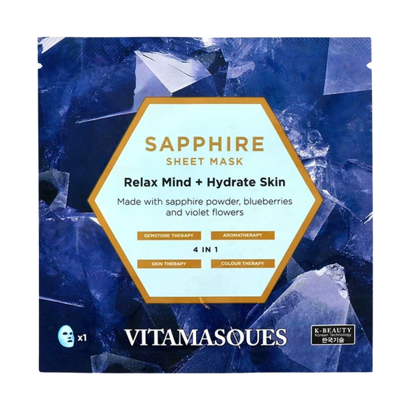 Vitamasques Sapphire sheet mask packaging with blue gemstone background