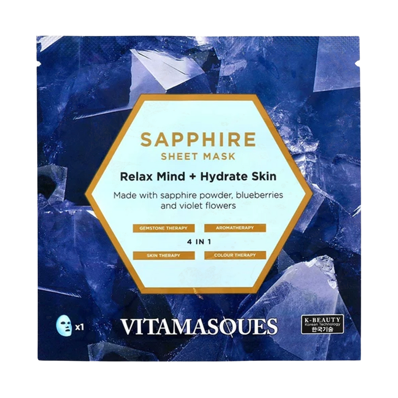 Vitamasques Sapphire sheet mask packaging with blue gemstone background