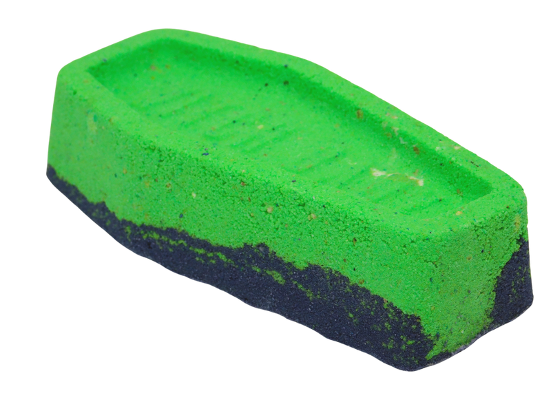 side view of green and purple coffin casket bath bomb