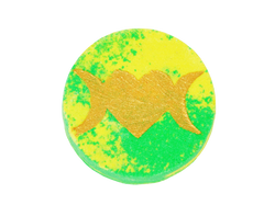 color splattered lime green and yellow circle bath bomb with a triple heart moon symbol on top with gold glitter