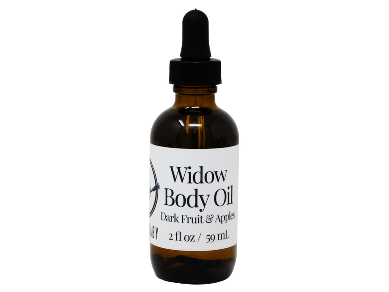 2 oz glass dropper bottle with a white label that reads: Dark Fruit & Apples