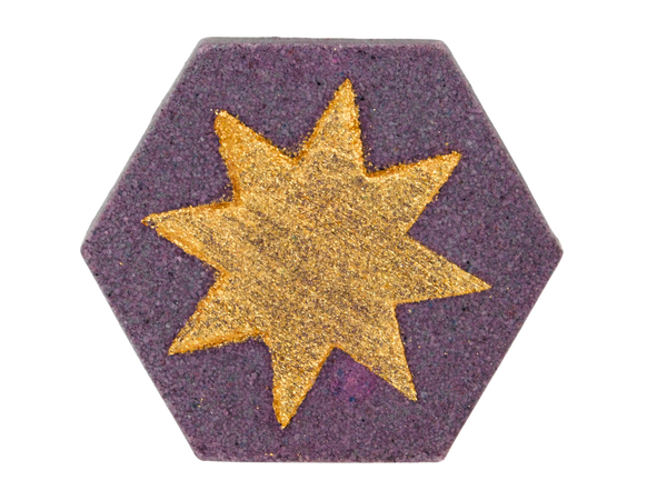 wine colored hexagon bath bomb with an eight pointed tarot star on top and tarot card inside
