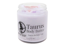 Light purple body butter topped with a rose quartz packaged in a 4 oz glass jar with a label that reads: Taurus Body Butter. Taurus Birthday Cake.