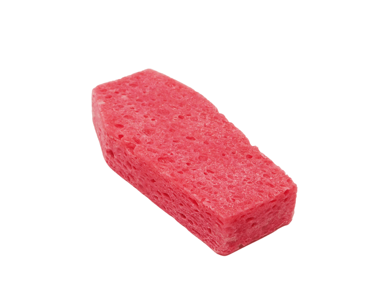 Sponge that is pink in the shape of a coffin. 