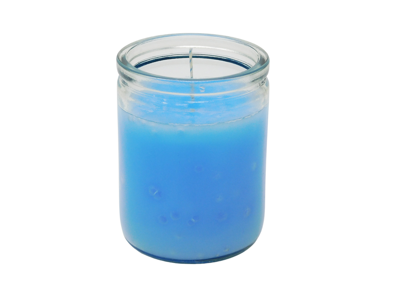 light blue candle in glass jar