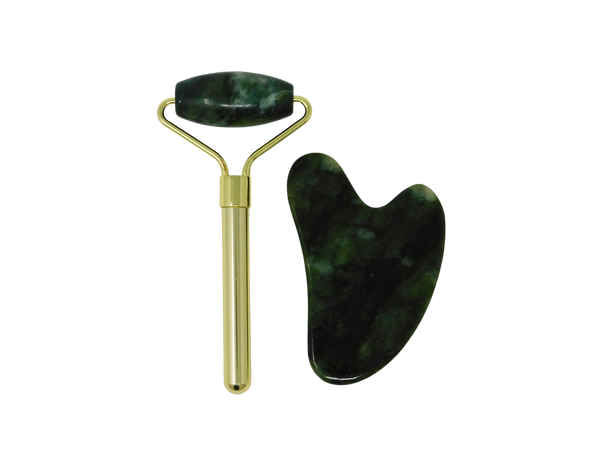 jade roller with a gold finish and jade gua sha