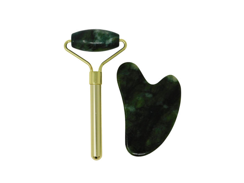 jade roller with a gold finish and jade gua sha