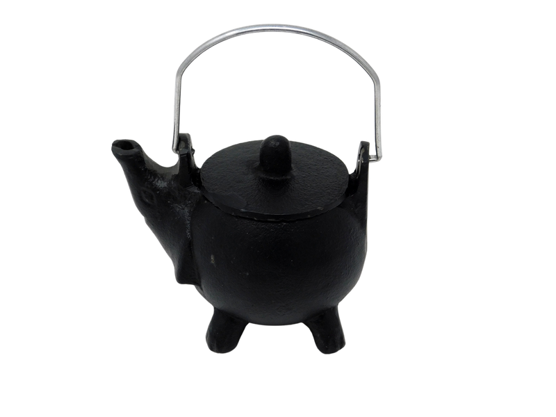 black teapot cauldron with silver handle 