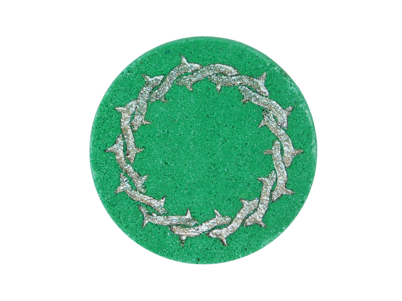 green puck bath bomb with metal ring of thorns airbrushed on top