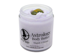 purple Astrology Body Butter packaged in a glass jar and topped with a green aventurine Gemini astrology crystal