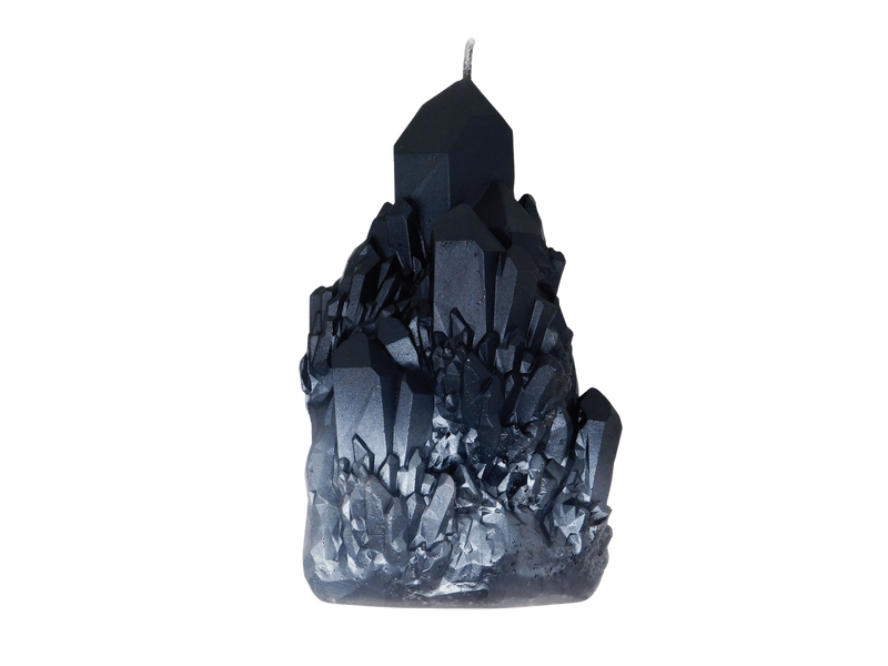 photo of a metllic silver to black crystal shaped candle