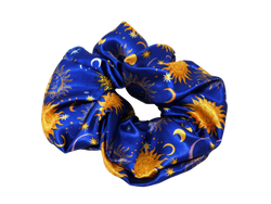 dark blue satin scrunchie with gold sun and moon celestial print