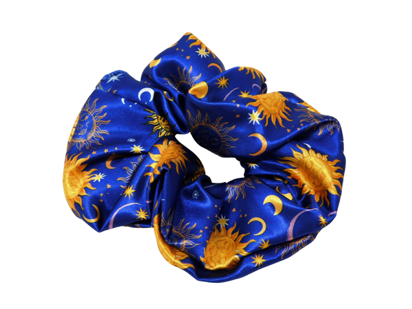 dark blue satin scrunchie with gold sun and moon celestial print