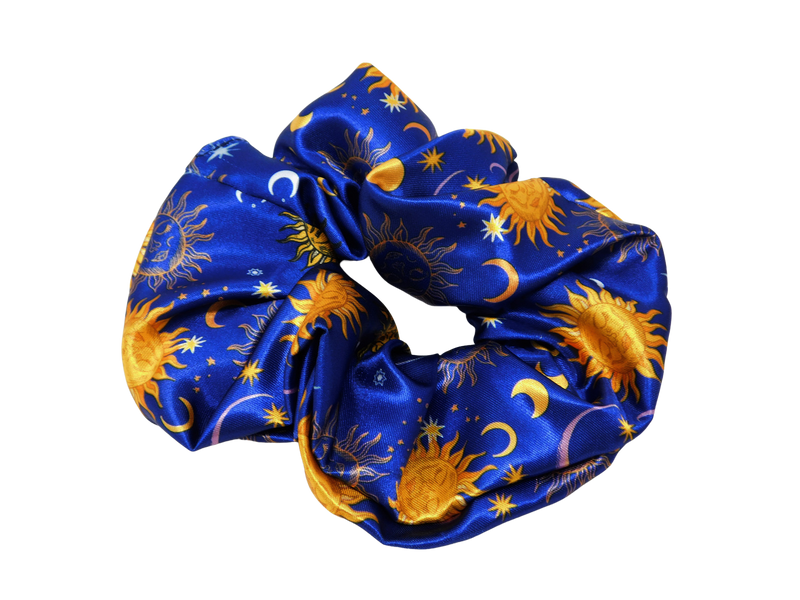 dark blue satin scrunchie with gold sun and moon celestial print